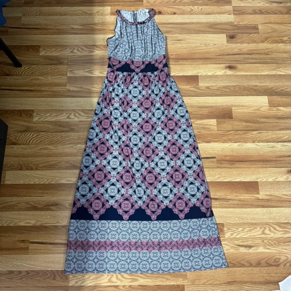 Wisp Womens Navy Blue Pink Geometric Medallion Halter Neck Maxi Dress Size 4